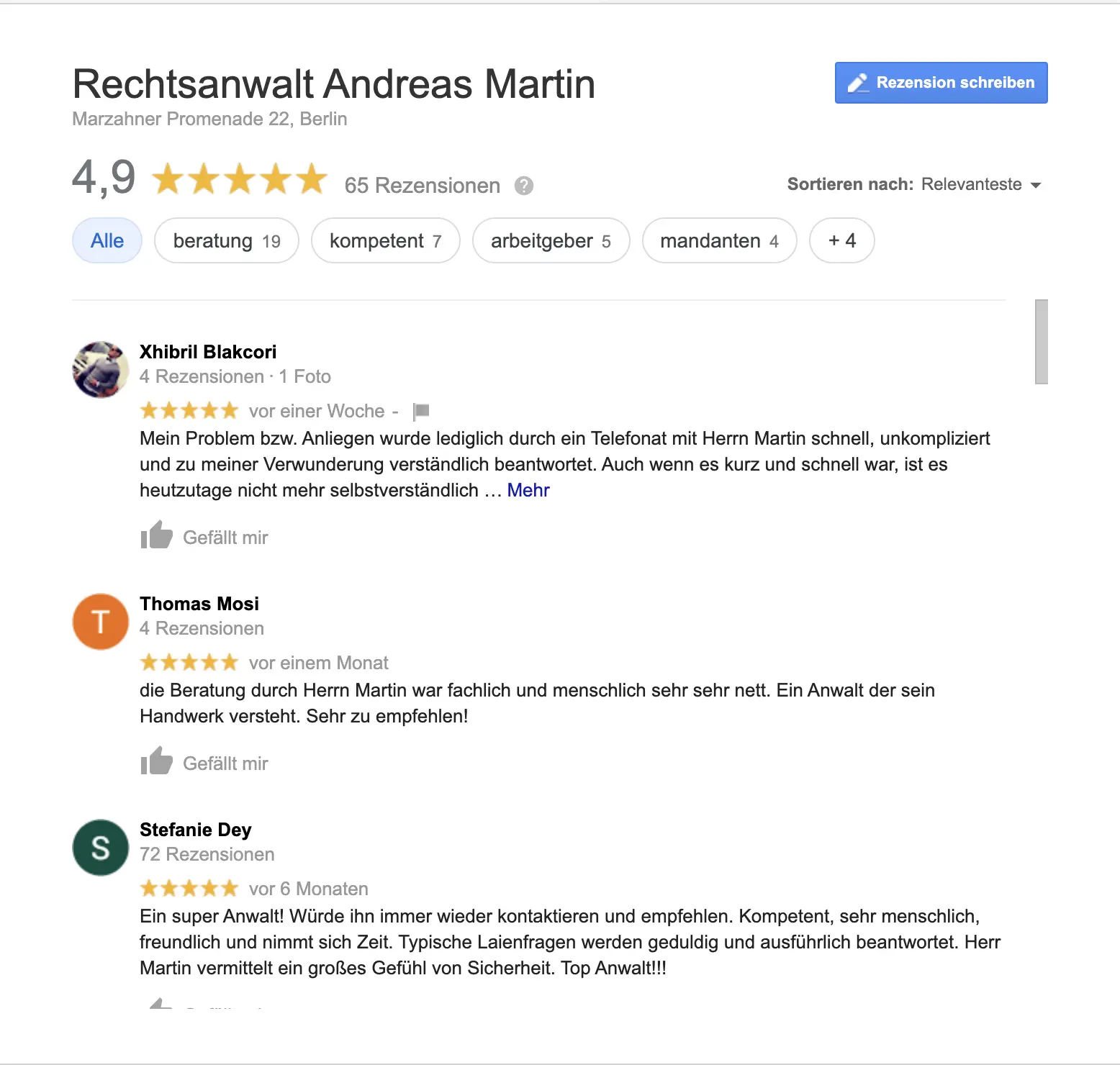Google Bewertungen für Rechtsanwalt Andreas Martin